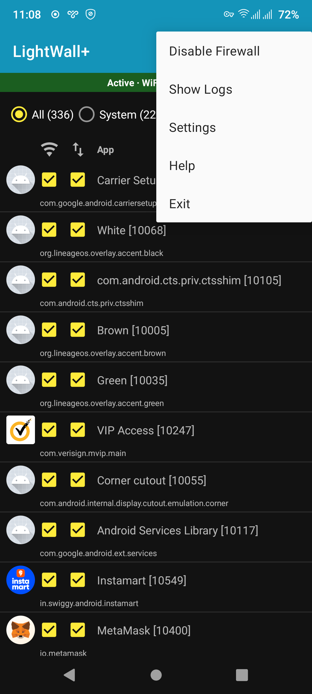 Firewall menu with show logs and settings