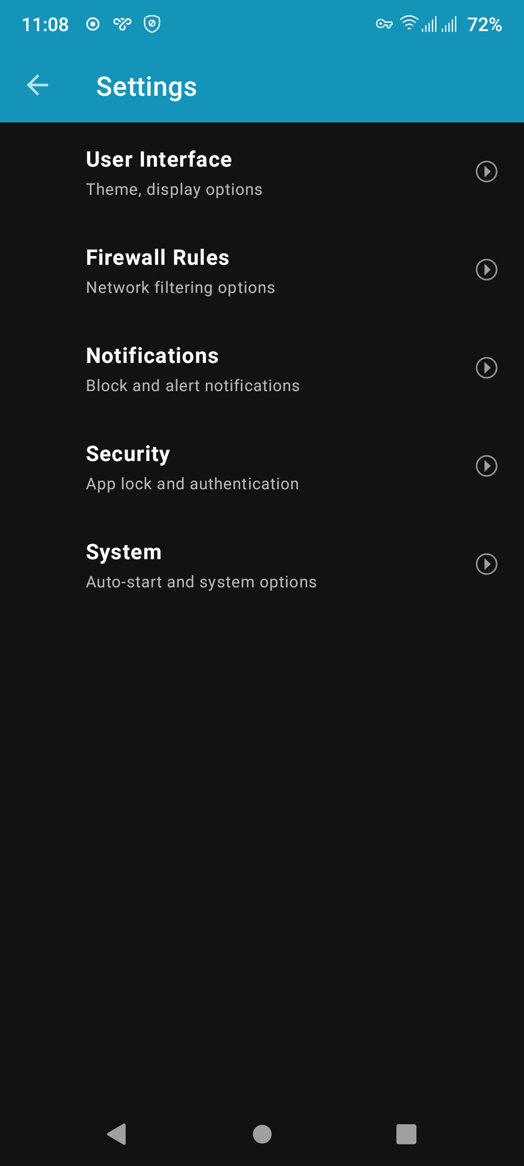 Settings categories